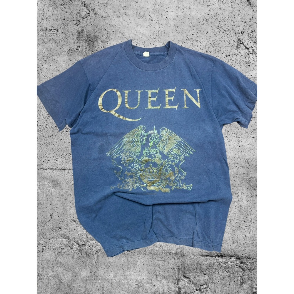 Vintage Queen Band T Shirt Blue Gold Crest Rock Tee Single Stitch